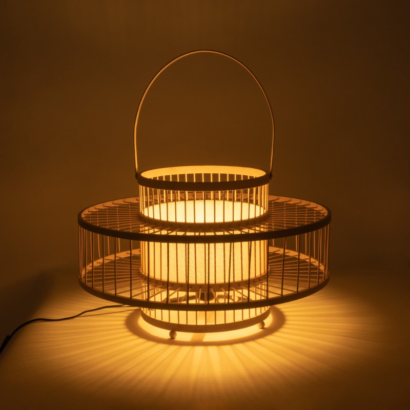 GloboStar® SORENIA 02003 Boho Επιδαπέδιο Φωτιστικό Μονόφωτο 1 x E27 AC220-240V IP20 - Φ48 x Υ27cm - Μπεζ Ξύλινο Μπαμπού Πλέγμα