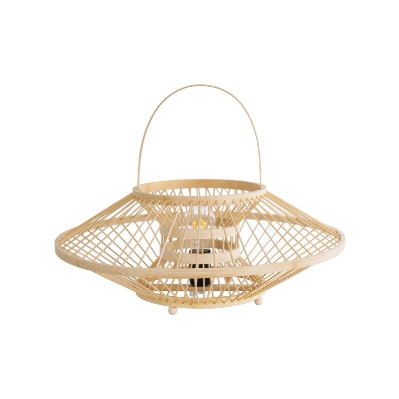 GloboStar® SORENIA 02005 Boho Επιτραπέζιο Φωτιστικό Μονόφωτο 1 x E27 AC220-240V IP20 - Φ50 x Υ18cm - Μπεζ Ξύλινο Μπαμπού Πλέγμα