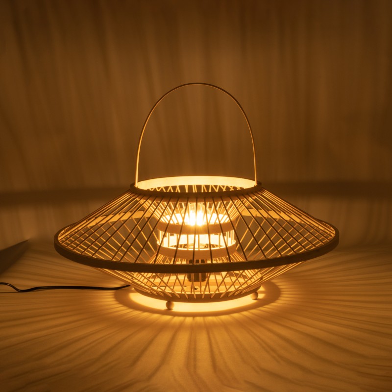 GloboStar® SORENIA 02005 Boho Επιτραπέζιο Φωτιστικό Μονόφωτο 1 x E27 AC220-240V IP20 - Φ50 x Υ18cm - Μπεζ Ξύλινο Μπαμπού Πλέγμα