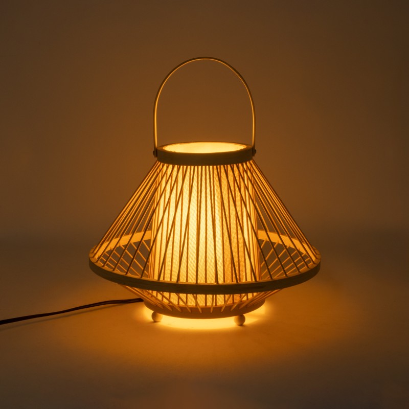 GloboStar® CATHY 02006 Boho Επιτραπέζιο Φωτιστικό Πορτατίφ Μονόφωτο 1 x E27 AC220-240V IP20 - Φ30 x Υ22cm - Μπεζ Ύφασμα με Μπεζ Ξύλινο Μπαμπού Πλέγμα