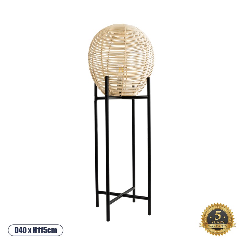 GloboStar® NERINA 02015 Boho Επιδαπέδιο Φωτιστικό Μονόφωτο 1 x E27 AC220-240V IP20 - Φ40 x Υ115cm - Μαύρο Μεταλλικό με Μπεζ Ρατάν Καπέλο Πλέγμα