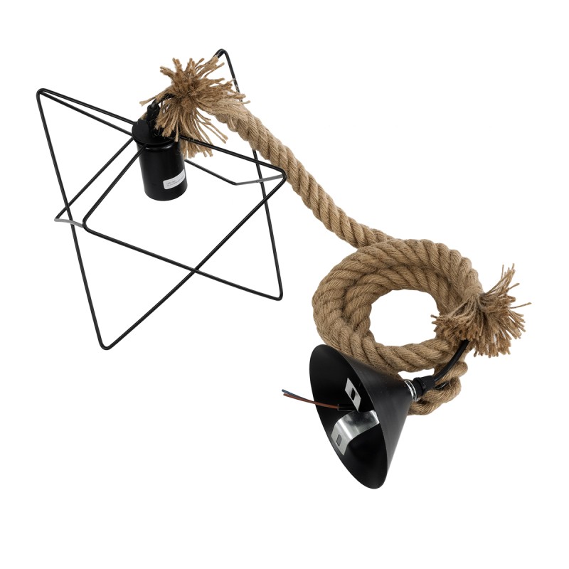 GloboStar® KAZEMI 02018 Μοντέρνο Κρεμαστό Φωτιστικό Οροφής Μονόφωτο 1 x E27 AC220-240V IP20 - Μ18 x Π18 x Υ17cm - Μαύρο Μεταλλικό με Μπεζ Σχοινί Πλέγμα