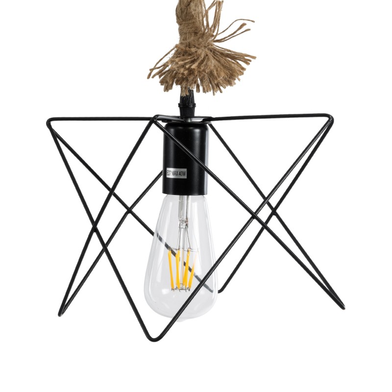 GloboStar® KAZEMI 02018 Μοντέρνο Κρεμαστό Φωτιστικό Οροφής Μονόφωτο 1 x E27 AC220-240V IP20 - Μ18 x Π18 x Υ17cm - Μαύρο Μεταλλικό με Μπεζ Σχοινί Πλέγμα