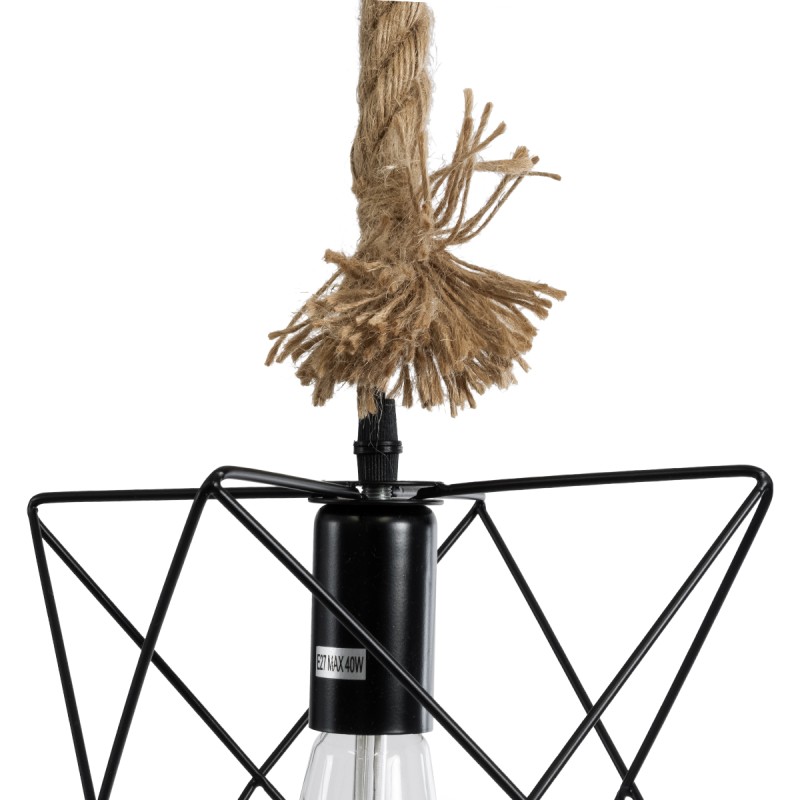 GloboStar® KAZEMI 02018 Μοντέρνο Κρεμαστό Φωτιστικό Οροφής Μονόφωτο 1 x E27 AC220-240V IP20 - Μ18 x Π18 x Υ17cm - Μαύρο Μεταλλικό με Μπεζ Σχοινί Πλέγμα