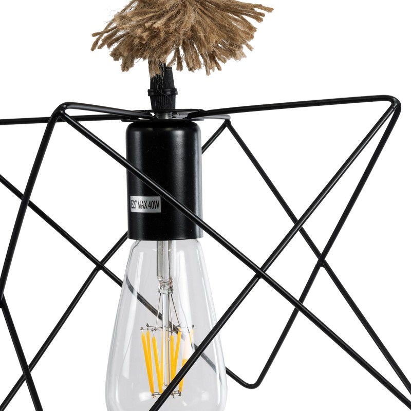 GloboStar® KAZEMI 02018 Μοντέρνο Κρεμαστό Φωτιστικό Οροφής Μονόφωτο 1 x E27 AC220-240V IP20 - Μ18 x Π18 x Υ17cm - Μαύρο Μεταλλικό με Μπεζ Σχοινί Πλέγμα