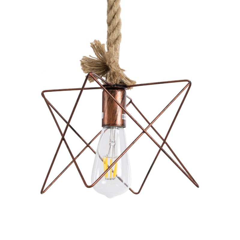 GloboStar® KAZEMI 02019 Μοντέρνο Κρεμαστό Φωτιστικό Οροφής Μονόφωτο 1 x E27 AC220-240V IP20 - Μ18 x Π18 x Υ17cm - Χάλκινο Μεταλλικό με Μπεζ Σχοινί Πλέγμα