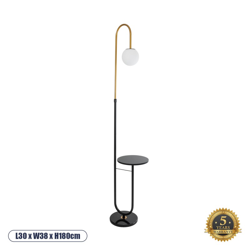 GloboStar® CORDELIA 02024 Μοντέρνο Επιδαπέδιο Φωτιστικό Τραπεζάκι Μονόφωτο 1 x E27 AC220-240V IP20 - Μ30 x Π38 x Υ180cm - Μαύρο με Χρυσό Μεταλλικό & Γυάλινη Γαλακτερή Μπάλα