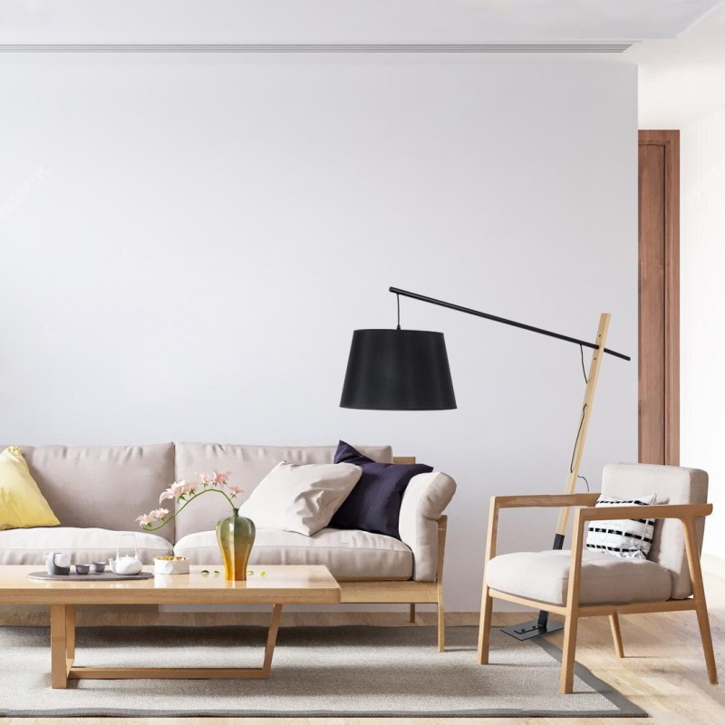 GloboStar® KELSIE 02029 Μοντέρνο Επιδαπέδιο Φωτιστικό Μονόφωτο 1 x E27 AC220-240V IP20 - Μ40 x Π125 x Υ140cm - Μαύρο Μεταλλικό με Μπεζ Ξύλινο Σώμα & Μαύρο Καπέλο