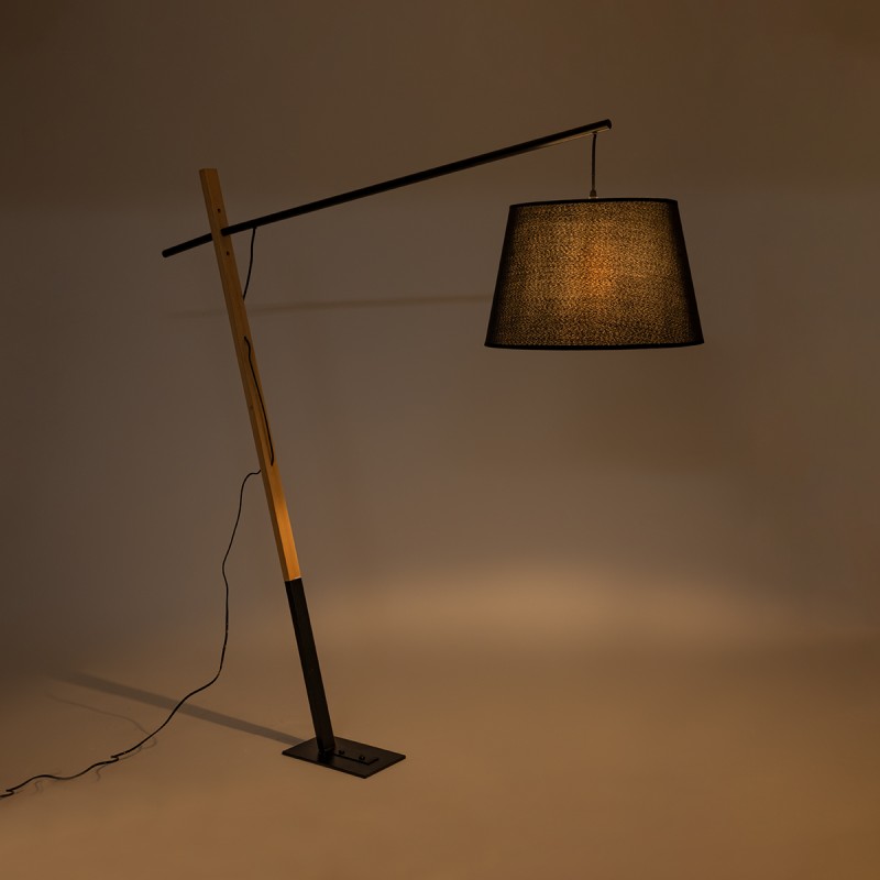 GloboStar® KELSIE 02029 Μοντέρνο Επιδαπέδιο Φωτιστικό Μονόφωτο 1 x E27 AC220-240V IP20 - Μ40 x Π125 x Υ140cm - Μαύρο Μεταλλικό με Μπεζ Ξύλινο Σώμα & Μαύρο Καπέλο