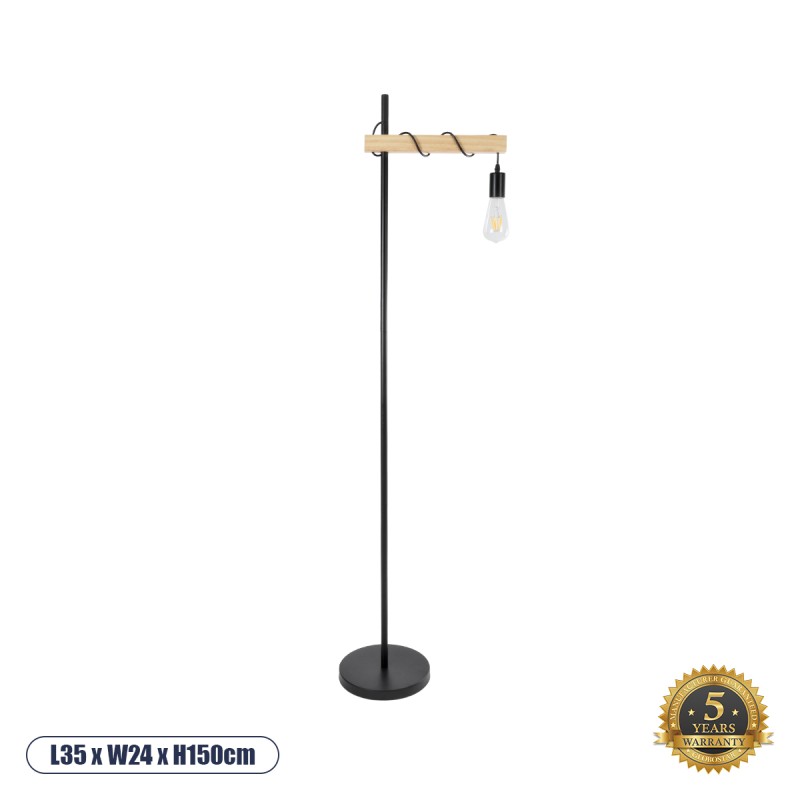 GloboStar® MINDELO 02033 Μοντέρνο Επιδαπέδιο Φωτιστικό Μονόφωτο 1 x E27 AC220-240V IP20 - Μ35 x Π24 x Υ150cm - Μαύρο Μεταλλικό Σώμα με Μπεζ Ξύλινη Βάση