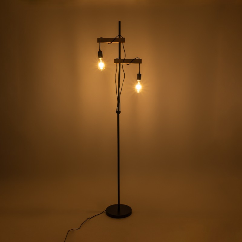 GloboStar® MINDELO 02034 Μοντέρνο Επιδαπέδιο Φωτιστικό Μονόφωτο 2 x E27 AC220-240V IP20 - Μ40 x Π24 x Υ175cm - Μαύρο Μεταλλικό Σώμα με Μπεζ Ξύλινη Βάση