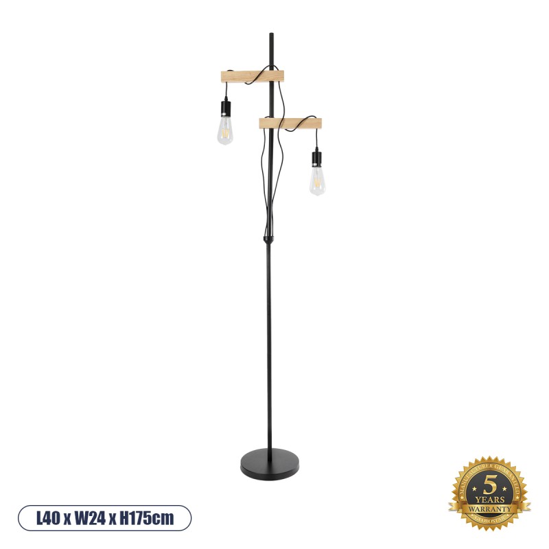 GloboStar® MINDELO 02034 Μοντέρνο Επιδαπέδιο Φωτιστικό Μονόφωτο 2 x E27 AC220-240V IP20 - Μ40 x Π24 x Υ175cm - Μαύρο Μεταλλικό Σώμα με Μπεζ Ξύλινη Βάση
