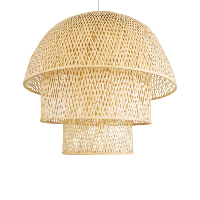GloboStar® HIROKA 02046 Boho Κρεμαστό Φωτιστικό Οροφής Μονόφωτο 1 x E27 AC220-240V IP20 - Φ100 x Υ110cm - Μπεζ Ξύλινο Μπαμπού Πλέγμα Καμπάνα