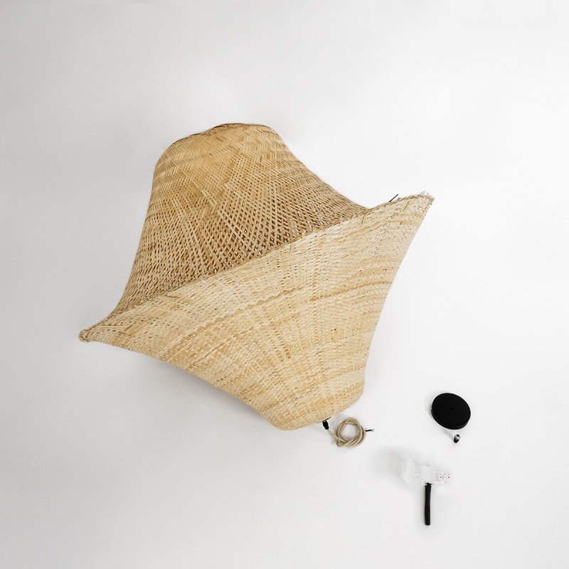 GloboStar® JUNIPER 02047 Boho Κρεμαστό Φωτιστικό Οροφής Μονόφωτο 1 x E27 AC220-240V IP20 - Φ100 x Υ90cm - Μπεζ Ξύλινο Μπαμπού Πλέγμα Καμπάνα