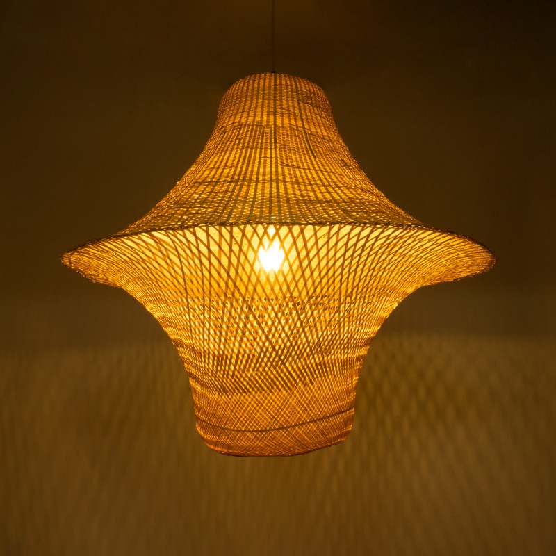 GloboStar® JUNIPER 02047 Boho Κρεμαστό Φωτιστικό Οροφής Μονόφωτο 1 x E27 AC220-240V IP20 - Φ100 x Υ90cm - Μπεζ Ξύλινο Μπαμπού Πλέγμα Καμπάνα