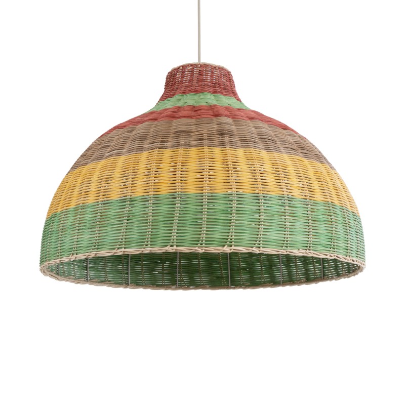 GloboStar® CABALLEROS 02054 Boho Κρεμαστό Φωτιστικό Οροφής Μονόφωτο 1 x E27 AC220-240V IP20 - Φ70 x Υ48cm - Πράσινο με Κίτρινο και Μπεζ με Κόκκινο Ξύλινο Μπαμπού Πλέγμα Καμπάνα