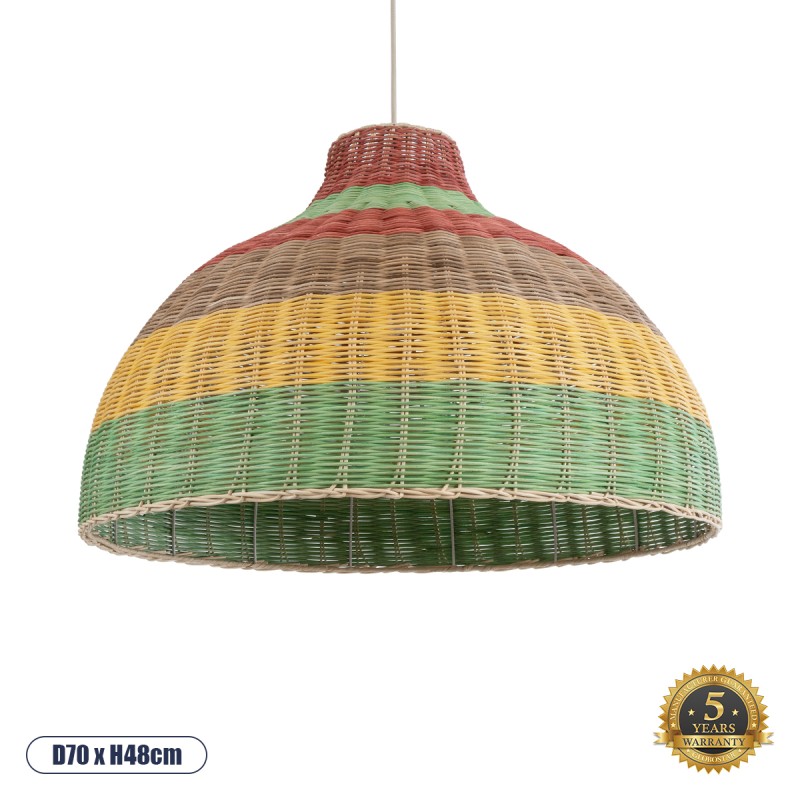 GloboStar® CABALLEROS 02054 Boho Κρεμαστό Φωτιστικό Οροφής Μονόφωτο 1 x E27 AC220-240V IP20 - Φ70 x Υ48cm - Πράσινο με Κίτρινο και Μπεζ με Κόκκινο Ξύλινο Μπαμπού Πλέγμα Καμπάνα