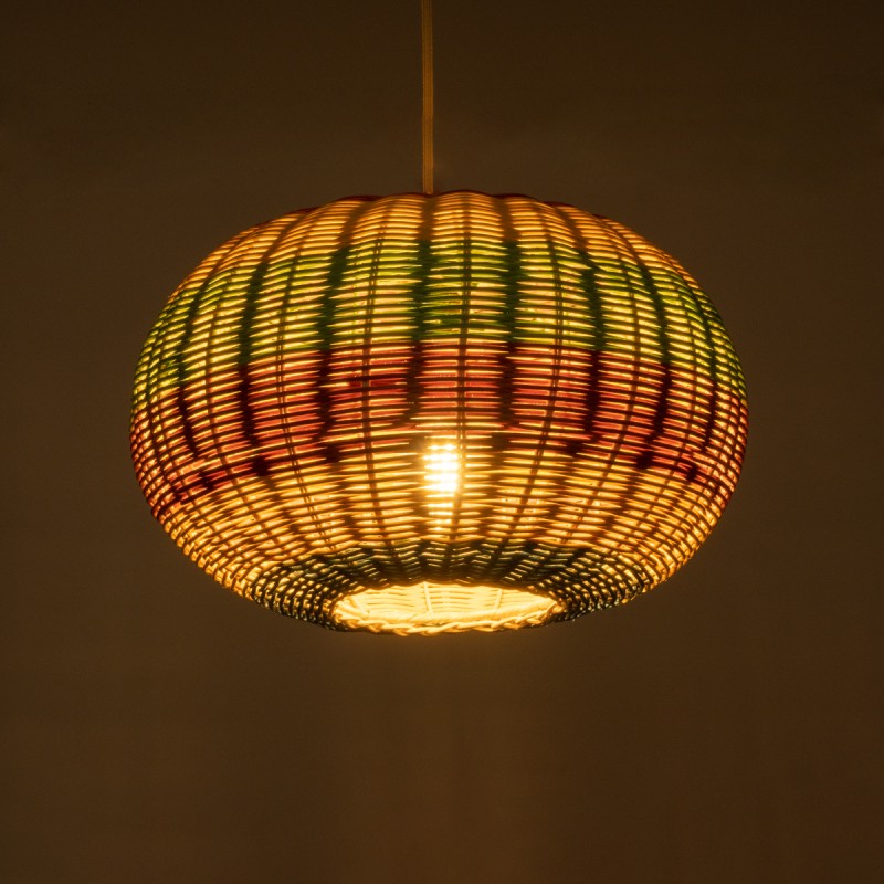 GloboStar® CABALLEROS 02055 Boho Κρεμαστό Φωτιστικό Οροφής Μονόφωτο 1 x E27 AC220-240V IP20 - Φ40 x Υ25cm - Πράσινο με Κίτρινο και Μπλε με Κόκκινο Ξύλινο Μπαμπού Πλέγμα