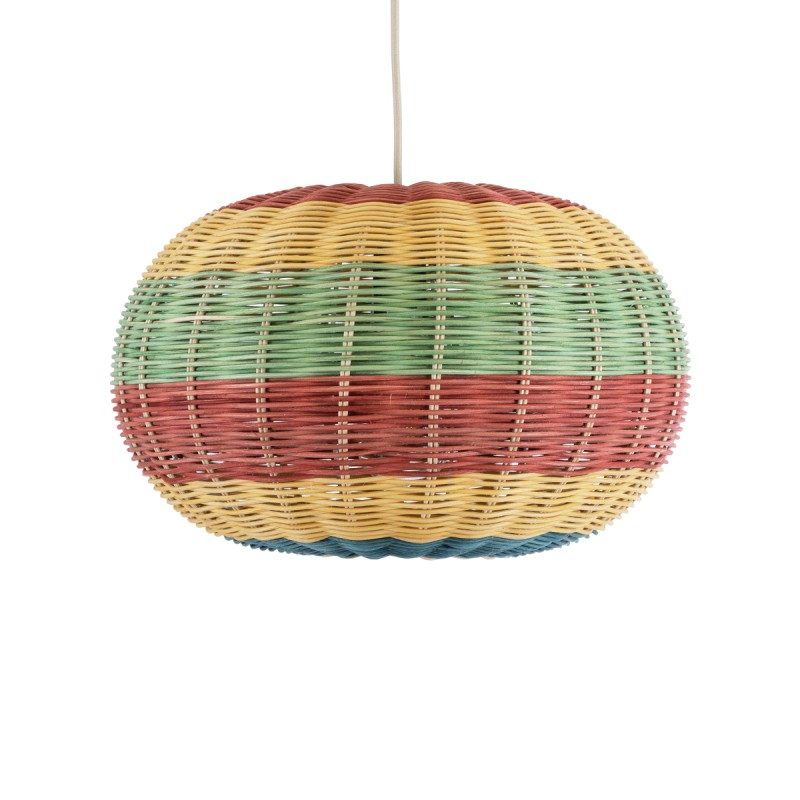 GloboStar® CABALLEROS 02055 Boho Κρεμαστό Φωτιστικό Οροφής Μονόφωτο 1 x E27 AC220-240V IP20 - Φ40 x Υ25cm - Πράσινο με Κίτρινο και Μπλε με Κόκκινο Ξύλινο Μπαμπού Πλέγμα