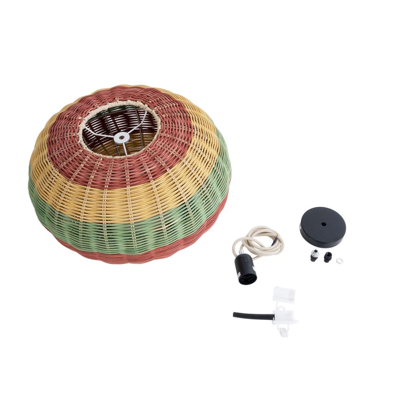 GloboStar® CABALLEROS 02055 Boho Κρεμαστό Φωτιστικό Οροφής Μονόφωτο 1 x E27 AC220-240V IP20 - Φ40 x Υ25cm - Πράσινο με Κίτρινο και Μπλε με Κόκκινο Ξύλινο Μπαμπού Πλέγμα