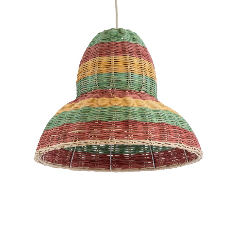 GloboStar® CABALLEROS 02057 Boho Κρεμαστό Φωτιστικό Οροφής Μονόφωτο 1 x E27 AC220-240V IP20 - Φ40 x Υ30cm - Πράσινο με Κίτρινο και Μπεζ με Κόκκινο Ξύλινο Μπαμπού Πλέγμα Καμπάνα