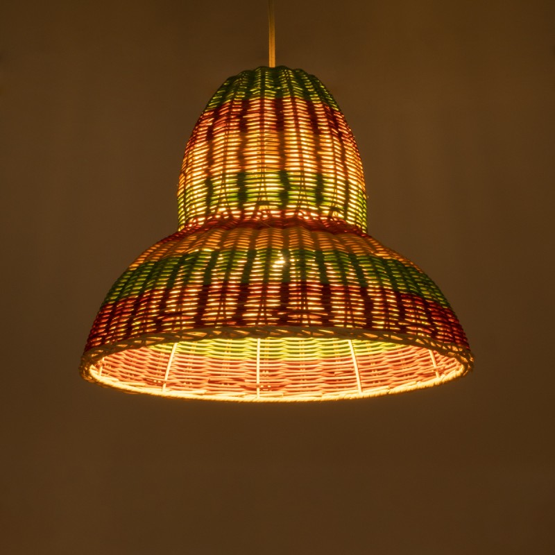 GloboStar® CABALLEROS 02057 Boho Κρεμαστό Φωτιστικό Οροφής Μονόφωτο 1 x E27 AC220-240V IP20 - Φ40 x Υ30cm - Πράσινο με Κίτρινο και Μπεζ με Κόκκινο Ξύλινο Μπαμπού Πλέγμα Καμπάνα