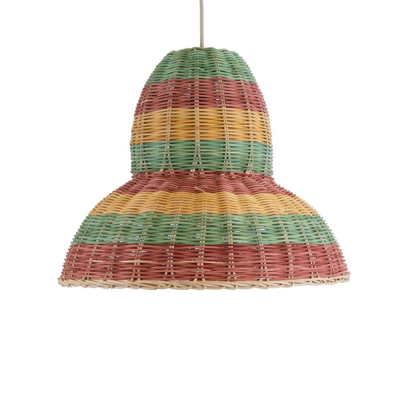 GloboStar® CABALLEROS 02057 Boho Κρεμαστό Φωτιστικό Οροφής Μονόφωτο 1 x E27 AC220-240V IP20 - Φ40 x Υ30cm - Πράσινο με Κίτρινο και Μπεζ με Κόκκινο Ξύλινο Μπαμπού Πλέγμα Καμπάνα