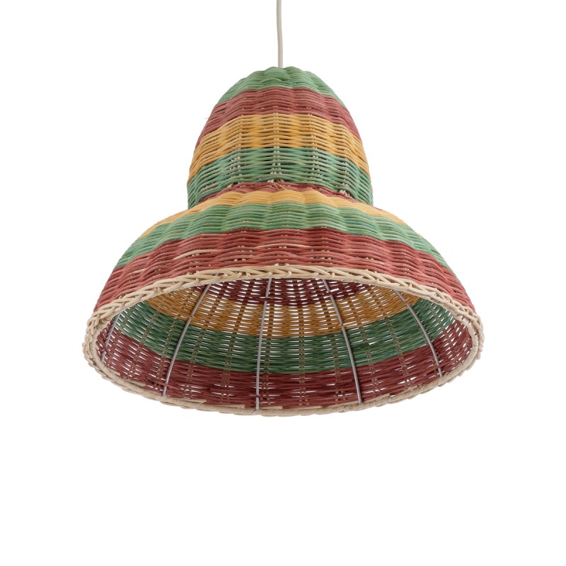 GloboStar® CABALLEROS 02057 Boho Κρεμαστό Φωτιστικό Οροφής Μονόφωτο 1 x E27 AC220-240V IP20 - Φ40 x Υ30cm - Πράσινο με Κίτρινο και Μπεζ με Κόκκινο Ξύλινο Μπαμπού Πλέγμα Καμπάνα