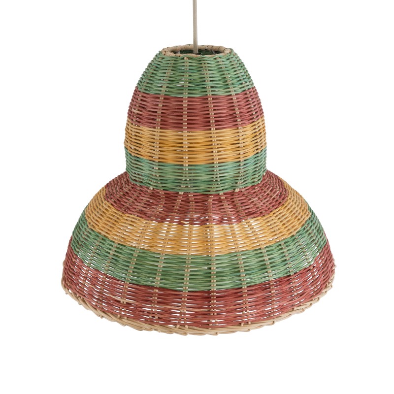 GloboStar® CABALLEROS 02057 Boho Κρεμαστό Φωτιστικό Οροφής Μονόφωτο 1 x E27 AC220-240V IP20 - Φ40 x Υ30cm - Πράσινο με Κίτρινο και Μπεζ με Κόκκινο Ξύλινο Μπαμπού Πλέγμα Καμπάνα