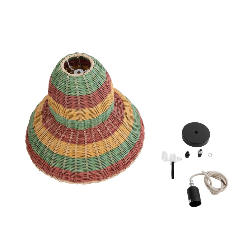 GloboStar® CABALLEROS 02057 Boho Κρεμαστό Φωτιστικό Οροφής Μονόφωτο 1 x E27 AC220-240V IP20 - Φ40 x Υ30cm - Πράσινο με Κίτρινο και Μπεζ με Κόκκινο Ξύλινο Μπαμπού Πλέγμα Καμπάνα