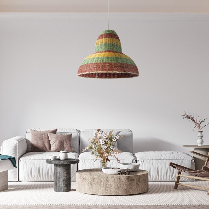 GloboStar® CABALLEROS 02058 Boho Κρεμαστό Φωτιστικό Οροφής Μονόφωτο 1 x E27 AC220-240V IP20 - Φ70 x Υ60cm - Πράσινο με Κίτρινο και Μπεζ με Κόκκινο Ξύλινο Μπαμπού Πλέγμα Καμπάνα