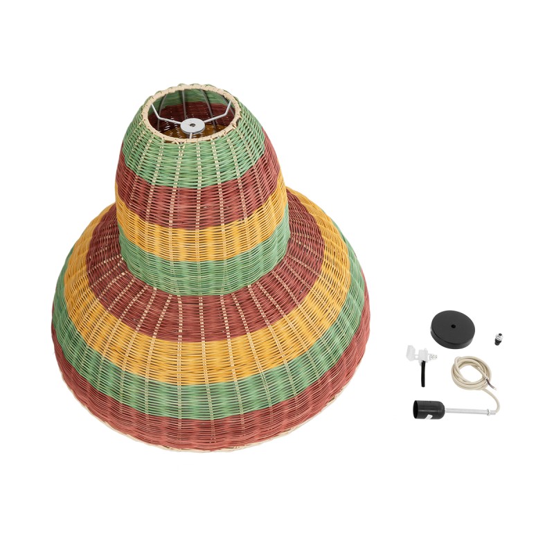 GloboStar® CABALLEROS 02058 Boho Κρεμαστό Φωτιστικό Οροφής Μονόφωτο 1 x E27 AC220-240V IP20 - Φ70 x Υ60cm - Πράσινο με Κίτρινο και Μπεζ με Κόκκινο Ξύλινο Μπαμπού Πλέγμα Καμπάνα