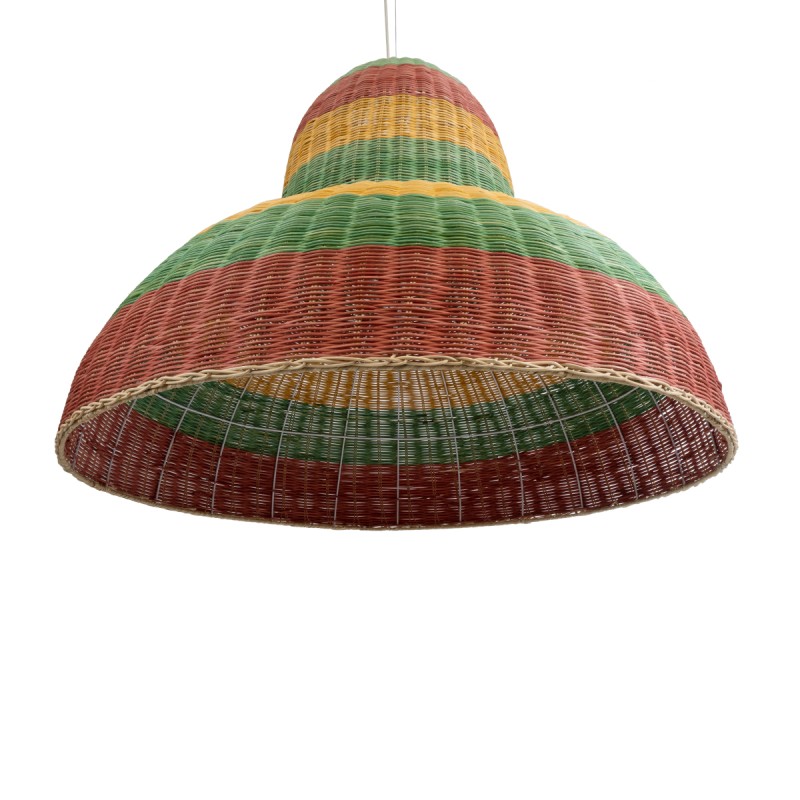 GloboStar® CABALLEROS 02059 Boho Κρεμαστό Φωτιστικό Οροφής Μονόφωτο 1 x E27 AC220-240V IP20 - Φ100 x Υ80cm - Πράσινο με Κίτρινο και Μπεζ με Κόκκινο Ξύλινο Μπαμπού Πλέγμα Καμπάνα