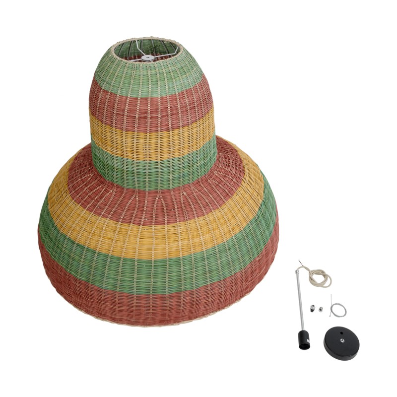 GloboStar® CABALLEROS 02059 Boho Κρεμαστό Φωτιστικό Οροφής Μονόφωτο 1 x E27 AC220-240V IP20 - Φ100 x Υ80cm - Πράσινο με Κίτρινο και Μπεζ με Κόκκινο Ξύλινο Μπαμπού Πλέγμα Καμπάνα