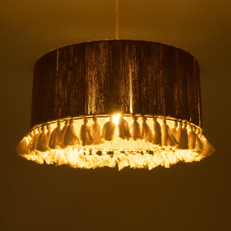 GloboStar® PUERTORICO 02094 Boho Κρεμαστό Φωτιστικό Οροφής Μονόφωτο 1 x E27 AC220-240V IP20 - Φ50 x Υ27cm - Μπεζ με Λευκό Λεπτό Νήμα Πλέγμα Βαμβακερό Καπέλο