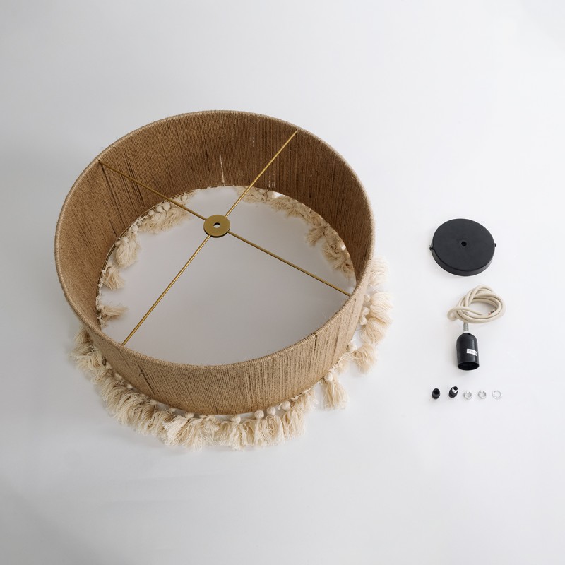 GloboStar® PUERTORICO 02094 Boho Κρεμαστό Φωτιστικό Οροφής Μονόφωτο 1 x E27 AC220-240V IP20 - Φ50 x Υ27cm - Μπεζ με Λευκό Λεπτό Νήμα Πλέγμα Βαμβακερό Καπέλο