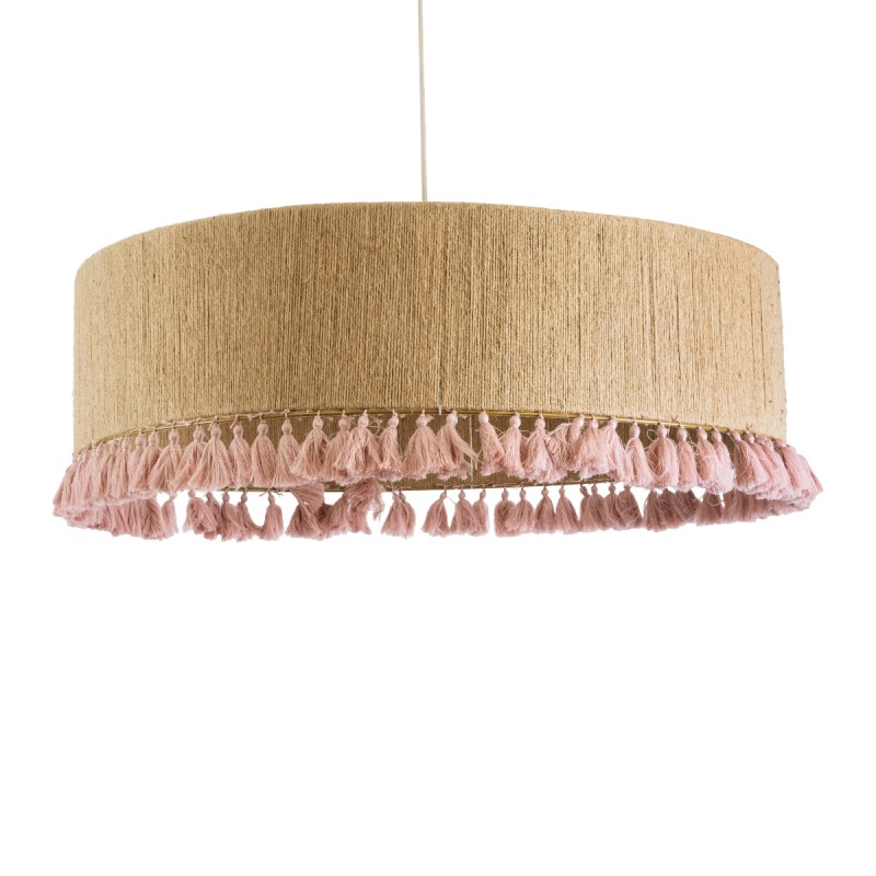 GloboStar® PUERTORICO 02097 Boho Κρεμαστό Φωτιστικό Οροφής Τρίφωτο 3 x E27 AC220-240V IP20 - Φ80 x Υ27cm - Μπεζ με Ροζ Λεπτό Νήμα Πλέγμα Βαμβακερό Καπέλο