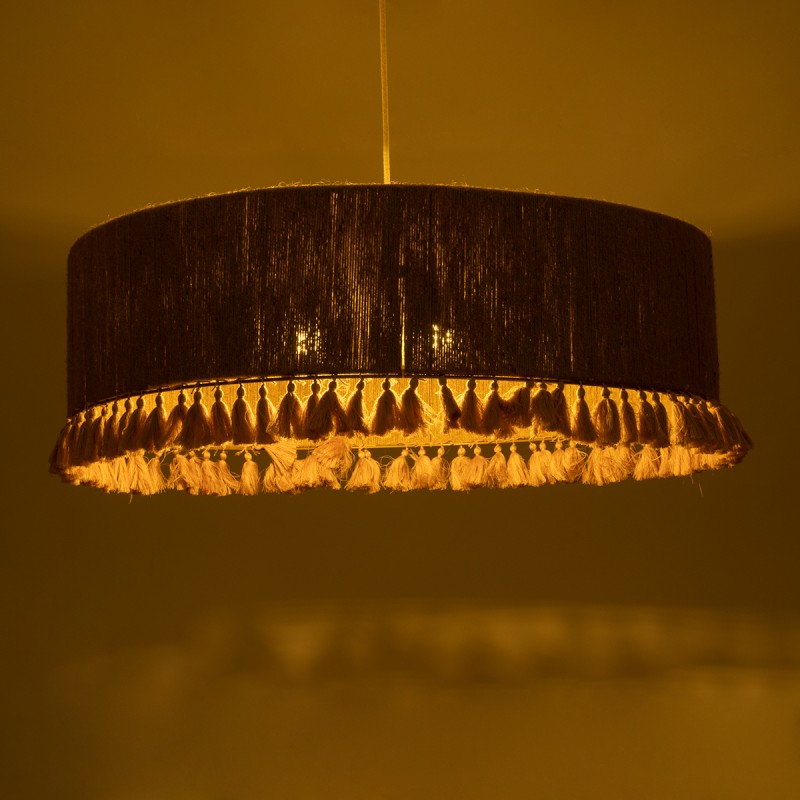 GloboStar® PUERTORICO 02097 Boho Κρεμαστό Φωτιστικό Οροφής Τρίφωτο 3 x E27 AC220-240V IP20 - Φ80 x Υ27cm - Μπεζ με Ροζ Λεπτό Νήμα Πλέγμα Βαμβακερό Καπέλο