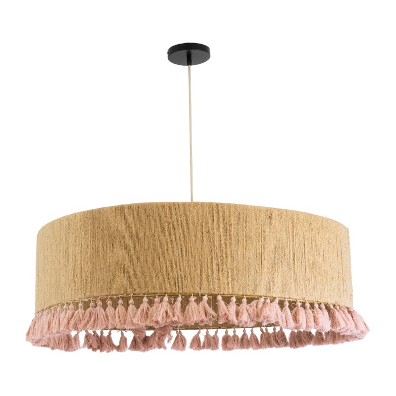 GloboStar® PUERTORICO 02097 Boho Κρεμαστό Φωτιστικό Οροφής Τρίφωτο 3 x E27 AC220-240V IP20 - Φ80 x Υ27cm - Μπεζ με Ροζ Λεπτό Νήμα Πλέγμα Βαμβακερό Καπέλο