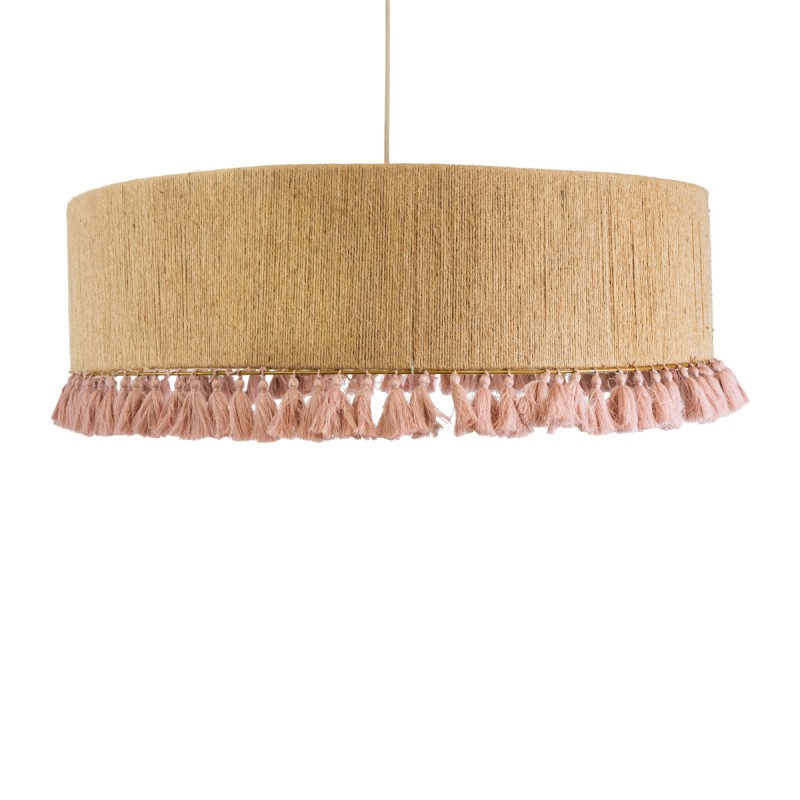 GloboStar® PUERTORICO 02097 Boho Κρεμαστό Φωτιστικό Οροφής Τρίφωτο 3 x E27 AC220-240V IP20 - Φ80 x Υ27cm - Μπεζ με Ροζ Λεπτό Νήμα Πλέγμα Βαμβακερό Καπέλο