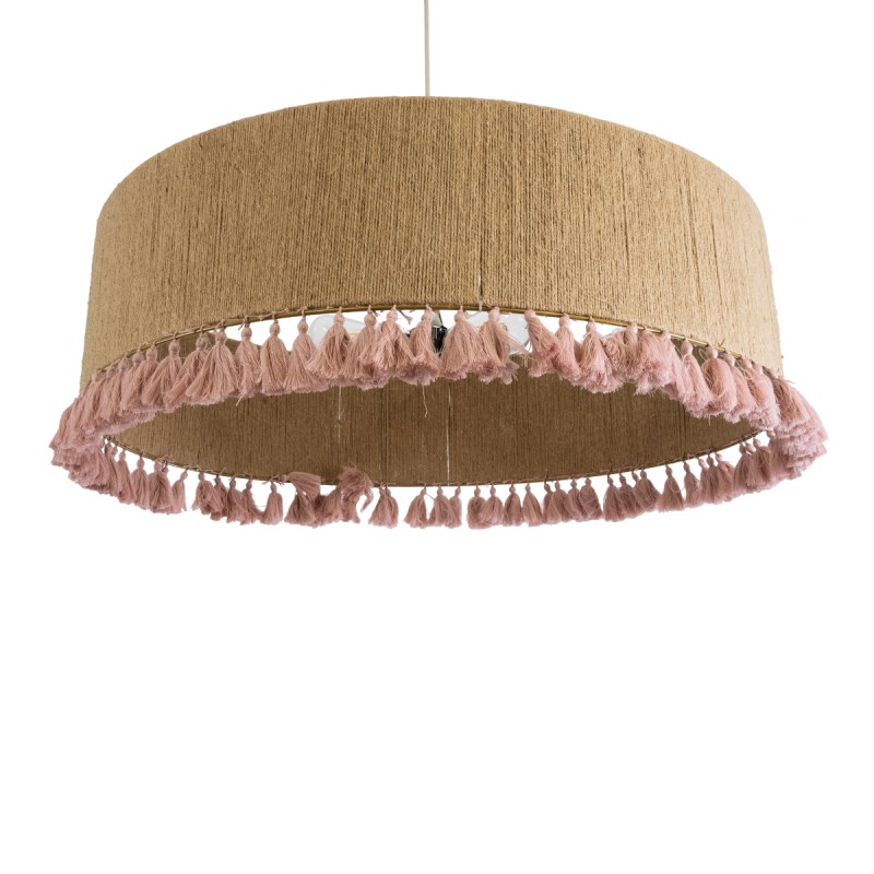 GloboStar® PUERTORICO 02097 Boho Κρεμαστό Φωτιστικό Οροφής Τρίφωτο 3 x E27 AC220-240V IP20 - Φ80 x Υ27cm - Μπεζ με Ροζ Λεπτό Νήμα Πλέγμα Βαμβακερό Καπέλο