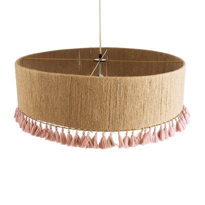 GloboStar® PUERTORICO 02097 Boho Κρεμαστό Φωτιστικό Οροφής Τρίφωτο 3 x E27 AC220-240V IP20 - Φ80 x Υ27cm - Μπεζ με Ροζ Λεπτό Νήμα Πλέγμα Βαμβακερό Καπέλο