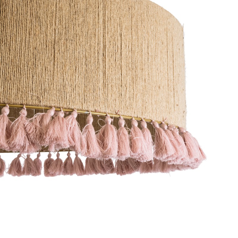 GloboStar® PUERTORICO 02097 Boho Κρεμαστό Φωτιστικό Οροφής Τρίφωτο 3 x E27 AC220-240V IP20 - Φ80 x Υ27cm - Μπεζ με Ροζ Λεπτό Νήμα Πλέγμα Βαμβακερό Καπέλο