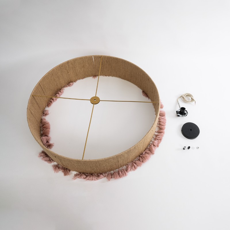 GloboStar® PUERTORICO 02097 Boho Κρεμαστό Φωτιστικό Οροφής Τρίφωτο 3 x E27 AC220-240V IP20 - Φ80 x Υ27cm - Μπεζ με Ροζ Λεπτό Νήμα Πλέγμα Βαμβακερό Καπέλο