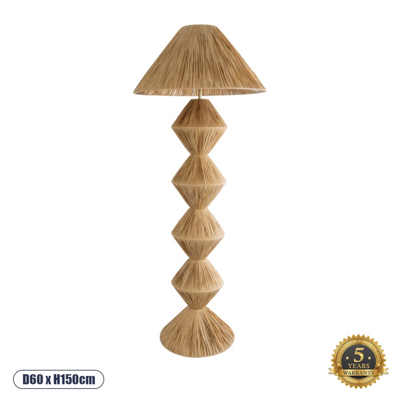 GloboStar® LUANA 02108 Boho Επιδαπέδιο Φωτιστικό Μονόφωτο 1 x E27 AC220-240V IP20 - Φ60 x Υ150cm - Μπεζ Φυσική Ράφια Νήμα Καπέλο