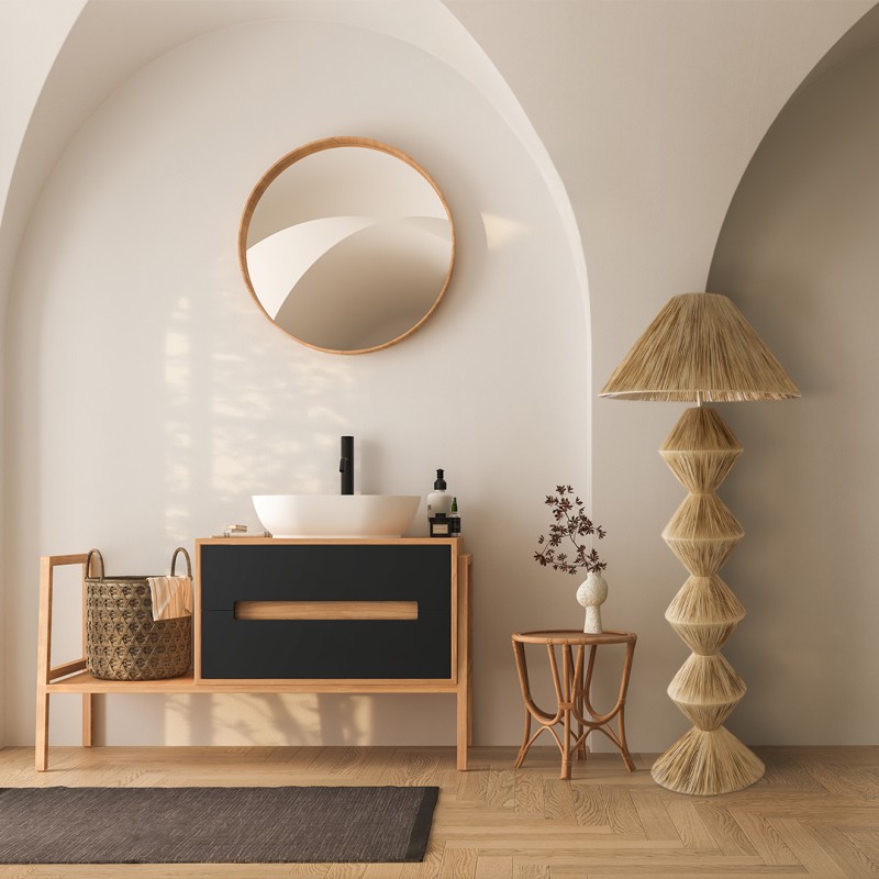 GloboStar® LUANA 02108 Boho Επιδαπέδιο Φωτιστικό Μονόφωτο 1 x E27 AC220-240V IP20 - Φ60 x Υ150cm - Μπεζ Φυσική Ράφια Νήμα Καπέλο