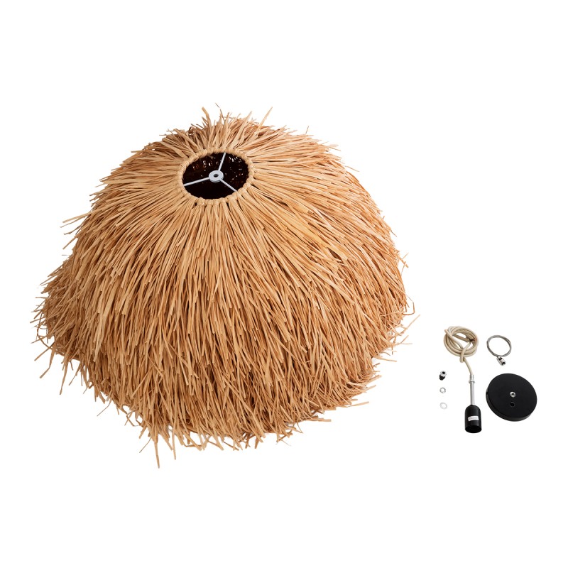 GloboStar® GUADELOUPE 02155 Boho Κρεμαστό Φωτιστικό Οροφής Μονόφωτο 1 x E27 AC220-240V IP20 - Φ80 x Υ60cm - Καφέ Φυσική Ράφια Νήμα Πλέγμα Καμπάνα