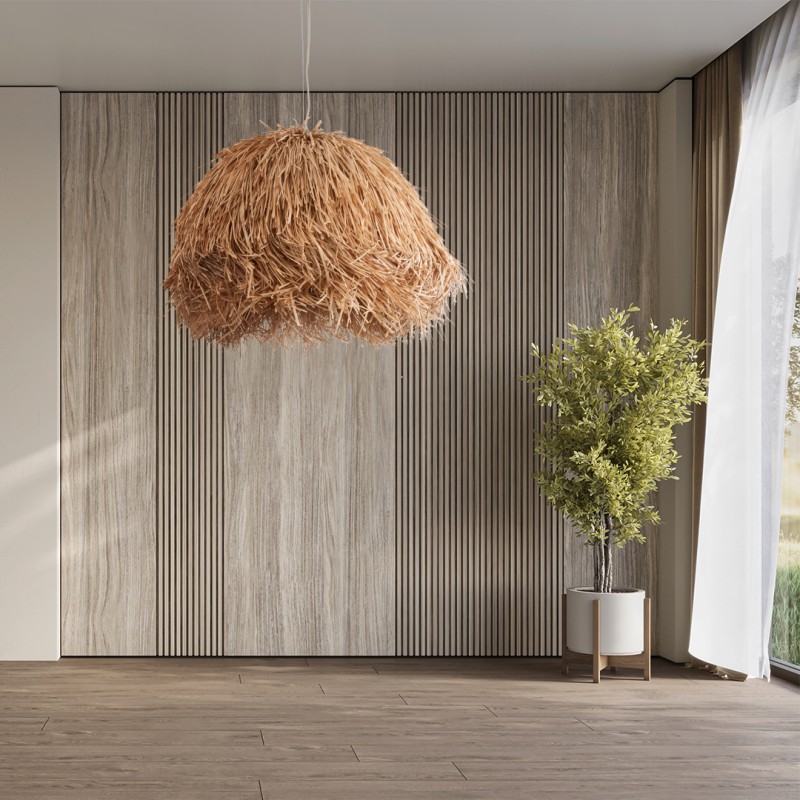 GloboStar® GUADELOUPE 02155 Boho Κρεμαστό Φωτιστικό Οροφής Μονόφωτο 1 x E27 AC220-240V IP20 - Φ80 x Υ60cm - Καφέ Φυσική Ράφια Νήμα Πλέγμα Καμπάνα