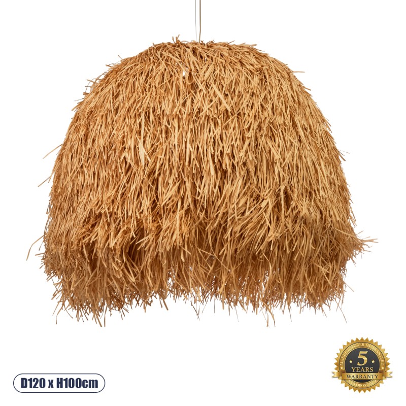 GloboStar® GUADELOUPE 02156 Boho Κρεμαστό Φωτιστικό Οροφής Μονόφωτο 1 x E27 AC220-240V IP20 - Φ120 x Υ100cm - Καφέ Φυσική Ράφια Νήμα Πλέγμα Καμπάνα