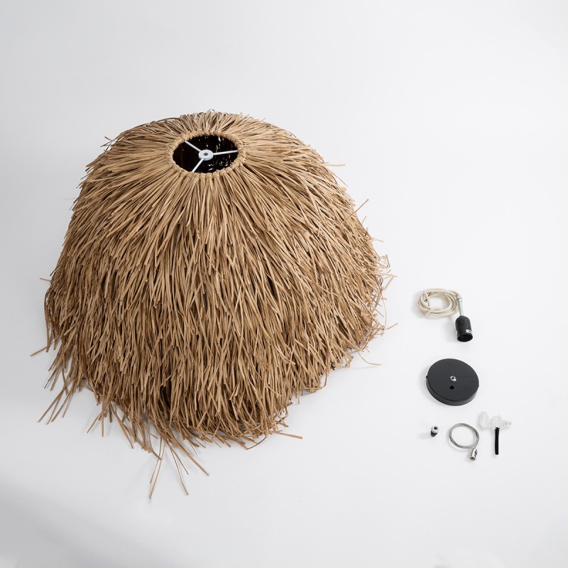 GloboStar® GUADELOUPE 02158 Boho Κρεμαστό Φωτιστικό Οροφής Μονόφωτο 1 x E27 AC220-240V IP20 - Φ80 x Υ60cm - Μπεζ Φυσική Ράφια Νήμα Πλέγμα Καμπάνα